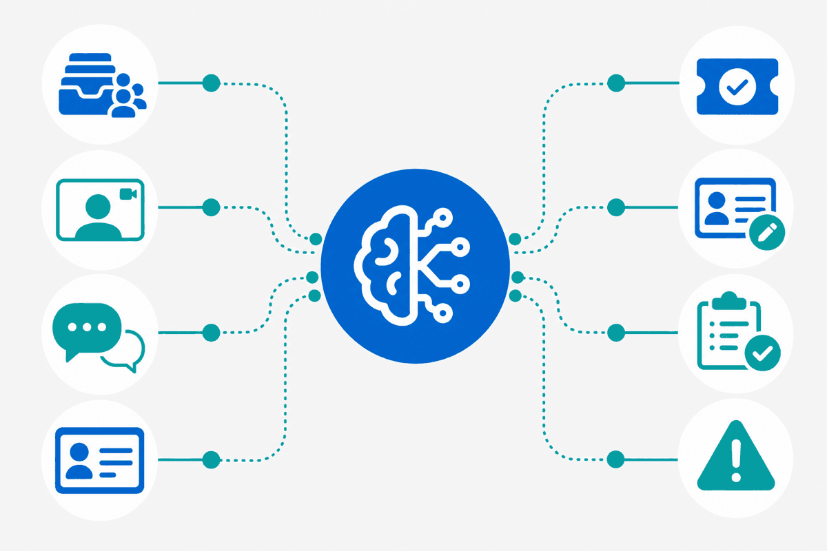 AI platforms for support productivity showing help desk queues customer calls CRM updates alerts and tasks