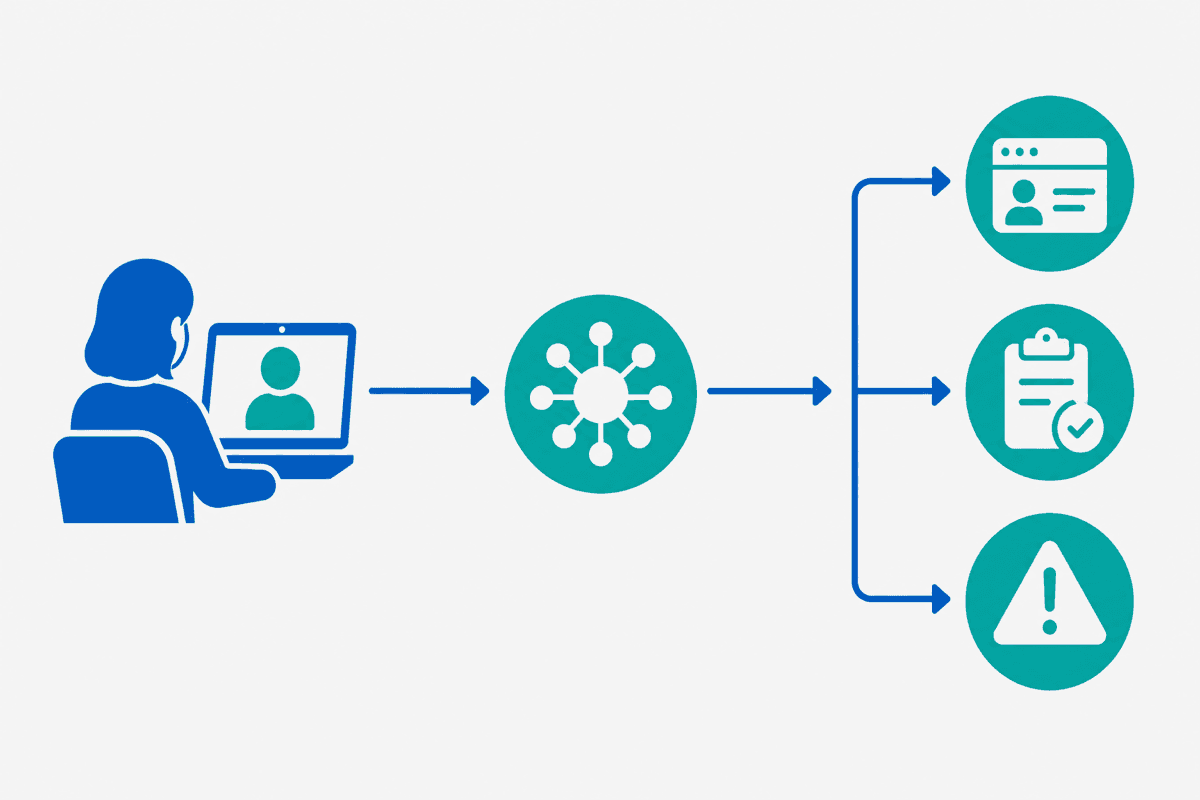 Customer success admin automation workflow showing CRM updates tasks and churn alerts from client conversations