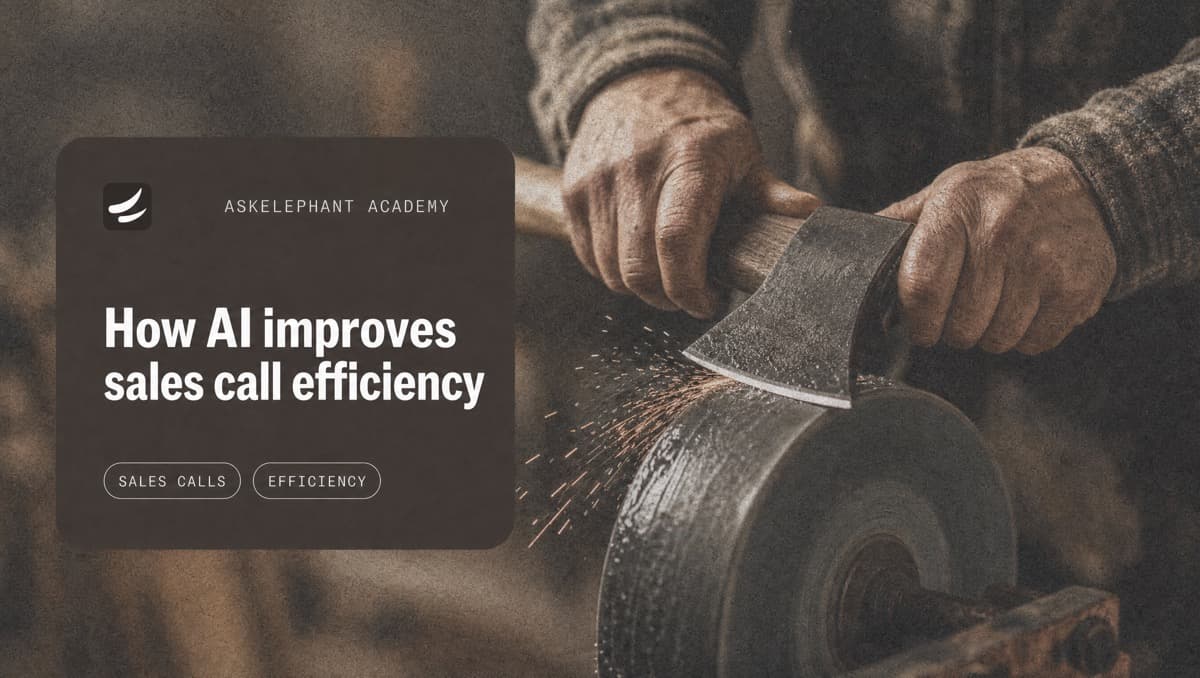 AskElephant Academy title card "How AI improves sales call efficiency" over hands sharpening an axe on a grinding wheel with sparks