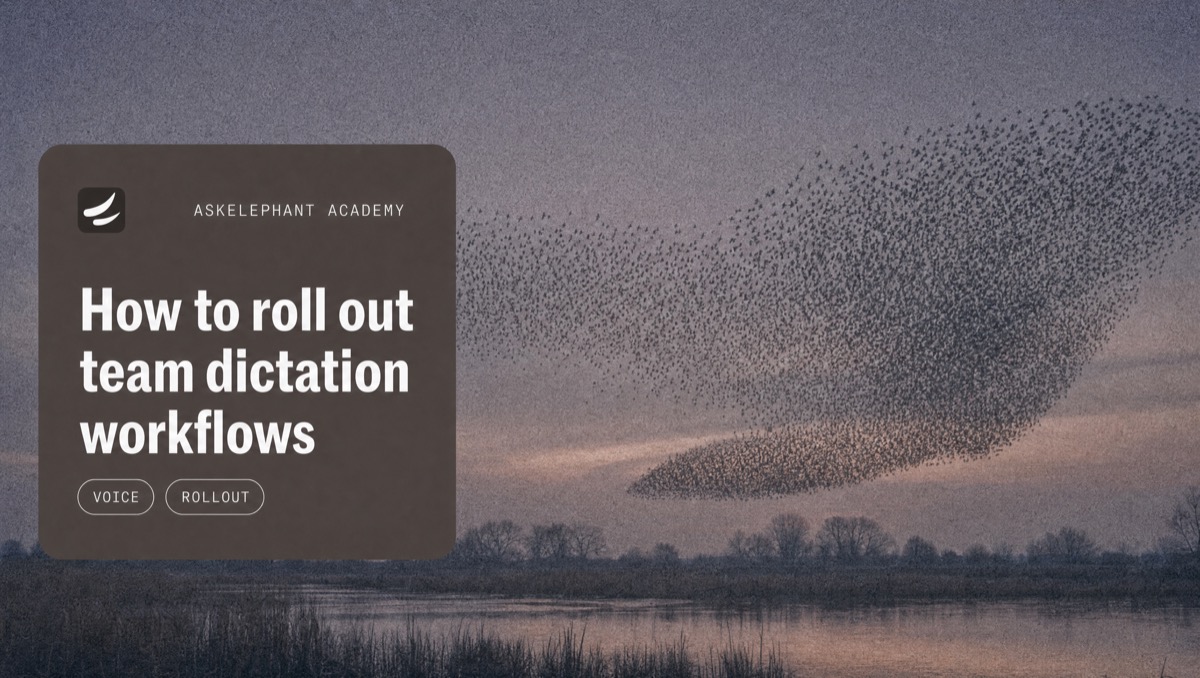 Team rollout plan for voice dictation workflows with pilot, training, and review checkpoints