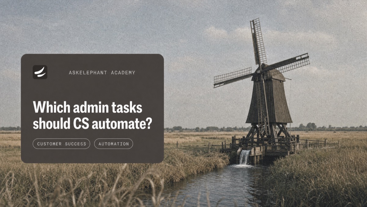 Customer success admin automation workflow showing CRM updates tasks and churn alerts from client conversations